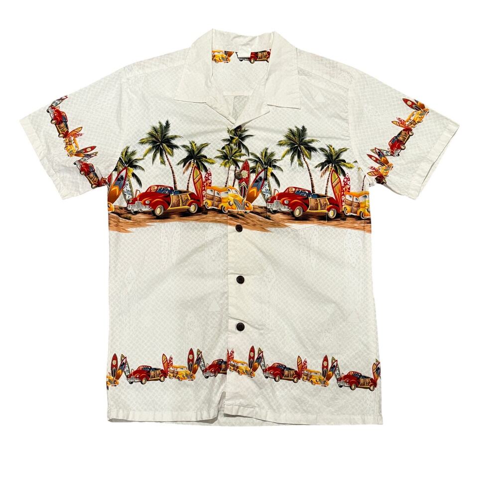 Palmwave Surf Car Hawaiian Shirt Men Medium Topical Resort Resort Vacation Aloha